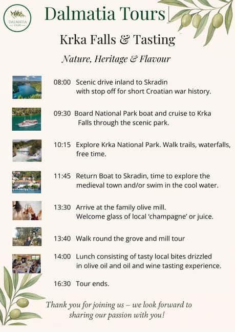 Šibenik or Zadar: Krka falls, olive mill, oil & wine tasting - Key details at a glance